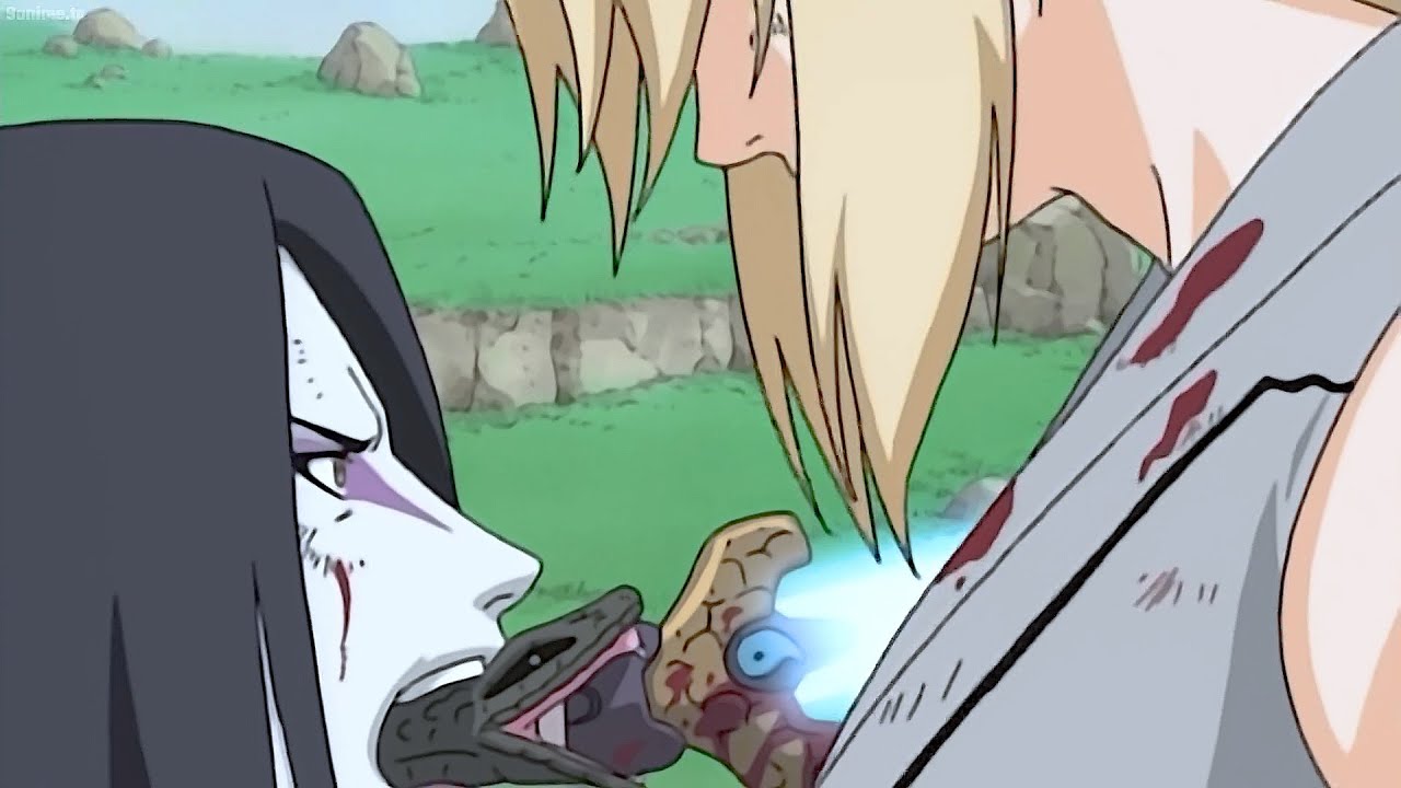 Naruto with Tsunade vs Orochimaru,Orochimaru fatally stabbed Tsunade in